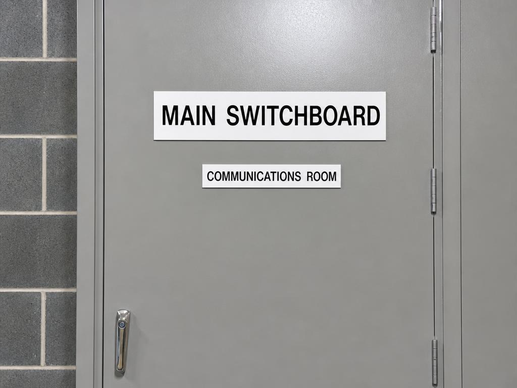 Main switchboard and communications room signs fixed to a grey electrical cupboard door