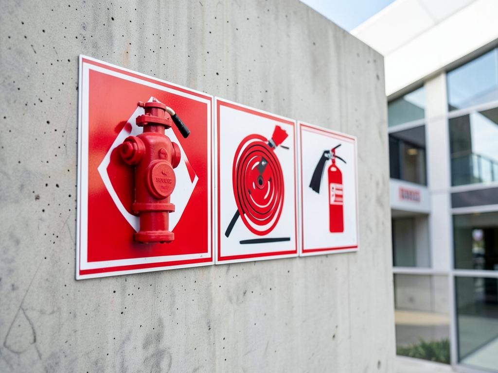 Red and white fire hydrant, fire hose reel and fire extinguisher signs mounted on a commercial building wall