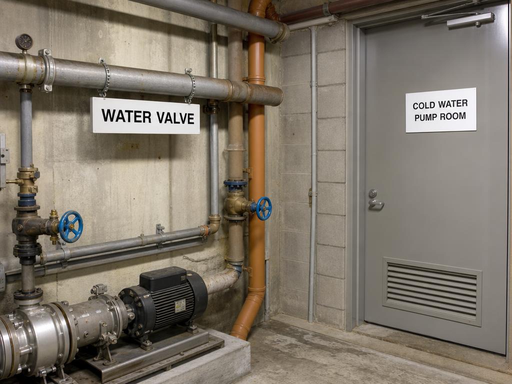 Water valve and cold water pump room signage installed in a strata building plant room